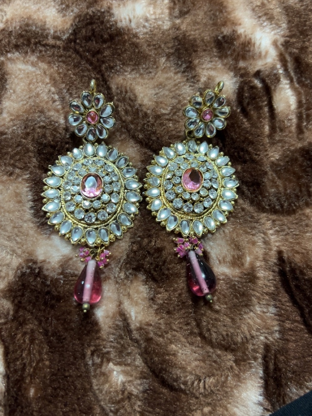 Gold-Tone Pink Stone Kundan Drop Earrings